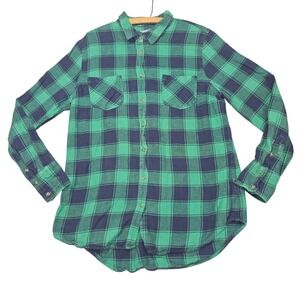 Merona Long Sleeve Flannel Button Down Shirt Green Navy Plaid Sz L